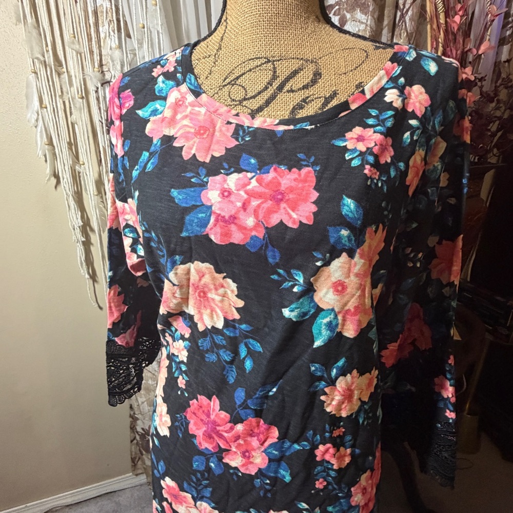 Woman Within Floral Long Sleeve Top with Lace